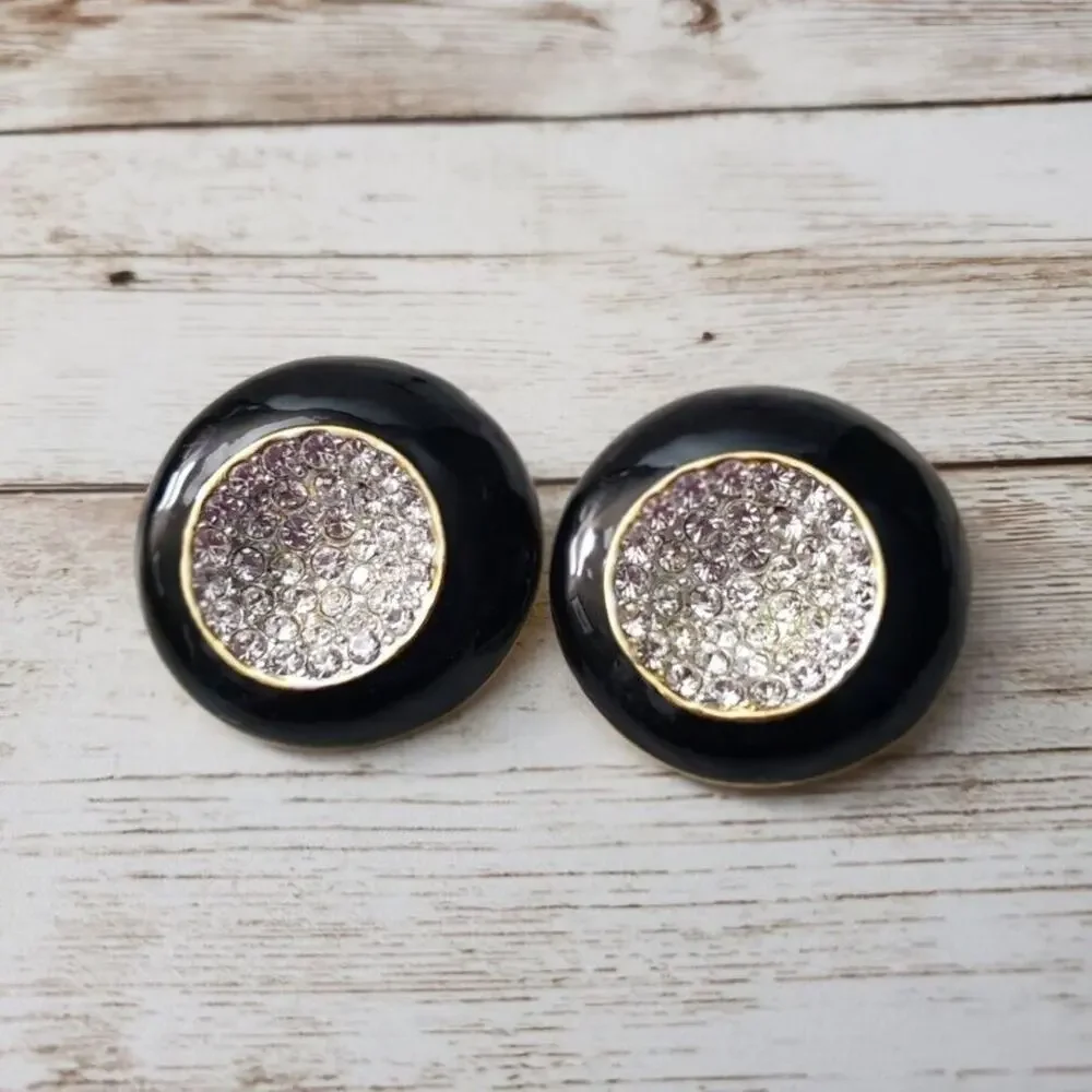 Vintage Essex Clip On Earrings Statement Gold Tone & Black Circle, Clear Gems